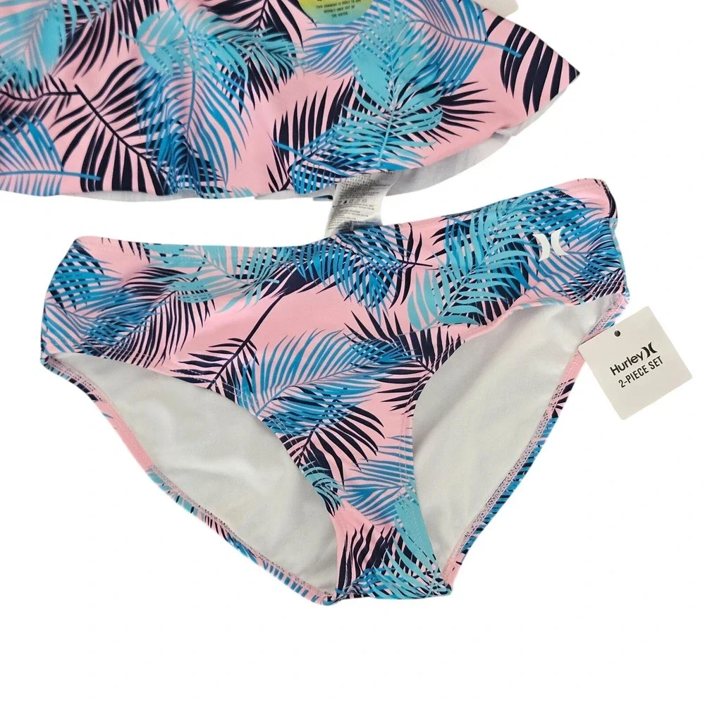 Hurley Girls XL 13-15Y‎ Pink Blue Tropical Palm 2-Piece Bikini Swimsuit NEW